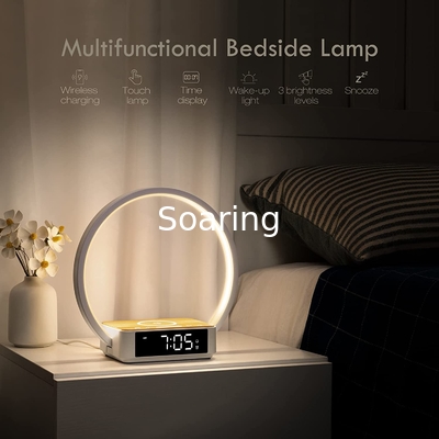Touch Table Lamp with Wireless Charger, Nightstand Lamp with Clock, Wake-Up Light 3 Levels Brightness LED Night Light